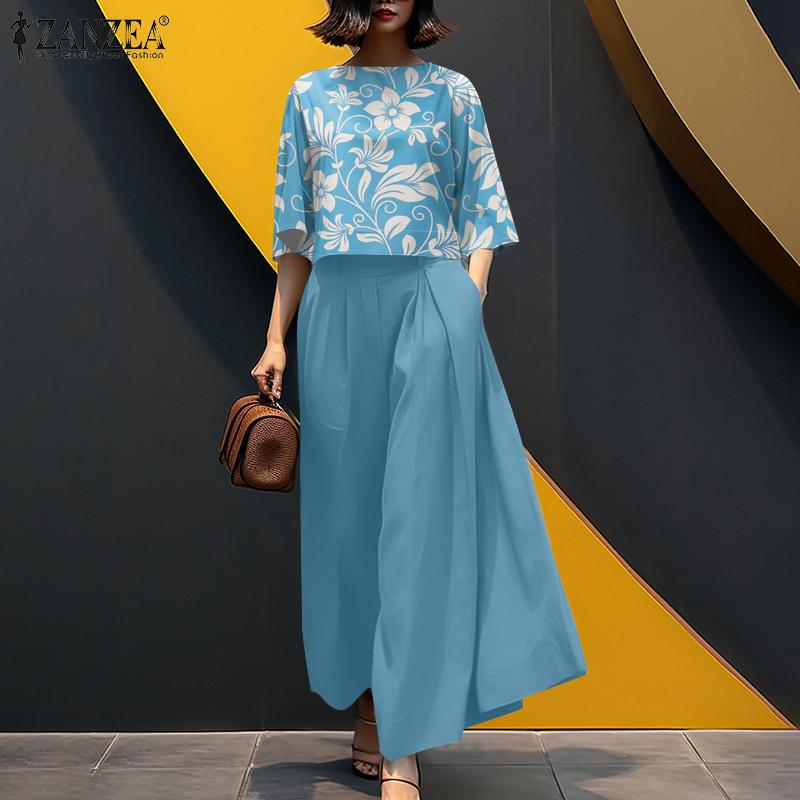 ZANZEA Женский повседневный костюм из двух частей: блузка с цветочным принтом и широкие брюки