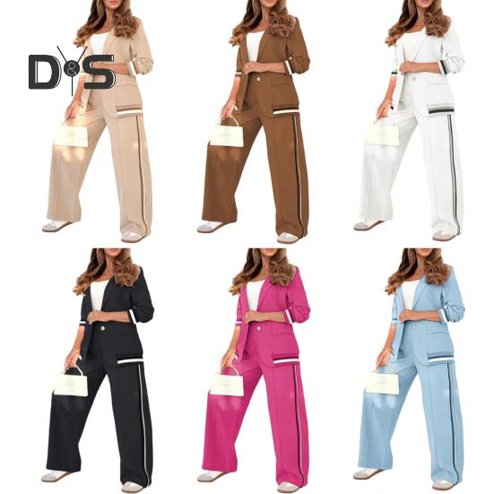 Женский костюм из 2 предметов: пальто, брюки, отложной воротник, длинные рукава, эластичный подол, куртка, широкие брюки с высокой талией, офисный наряд для поездок на работу