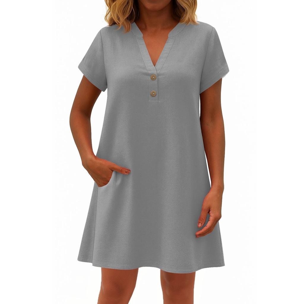 Women's Fashionable Solid Color V Neck Button Short Sleeved Pullover Dress