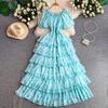 Праздничное платье с романтическим принтом, одно плечо, рукав-фонарик, женское платье-торт на талии, тонкое, с изящным силуэтом, длинное платье
