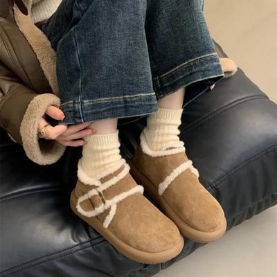 Женские зимние ботинки 2024 года, зимняя матовая кожа, толстая подошва, плюшевые ботинки из хлопка Boken, теплые, удобные, с пряжкой на ремне, женская обувь