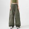 Women Big Pockets Cargo Pants Y2k High Elastic Waist Drawstring Baggy Trousers Vintage Casual Loose Wide Leg Straight Pants