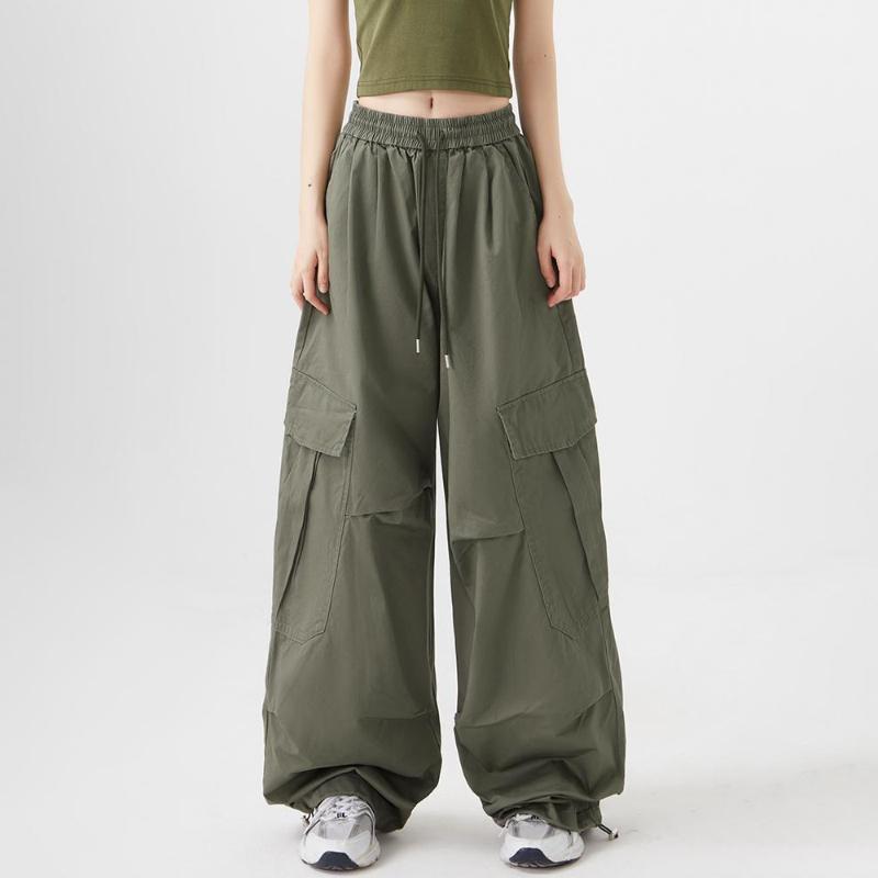 Women Big Pockets Cargo Pants Y2k High Elastic Waist Drawstring Baggy Trousers Vintage Casual Loose Wide Leg Straight Pants