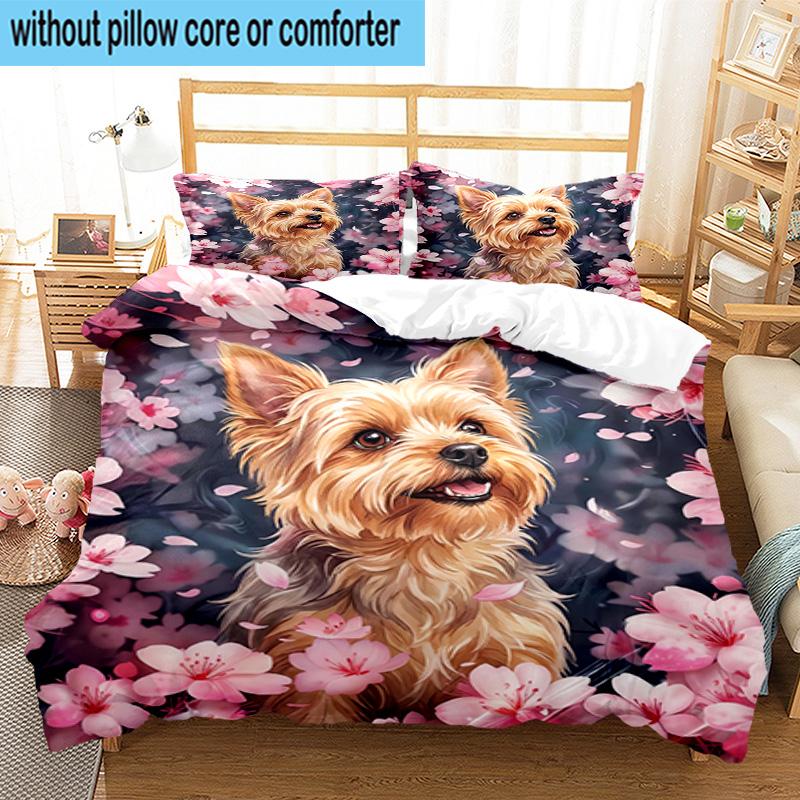 Cherry Blossom Yorkie 3pcs Bedding,Including 1pc Duvet Cover And 2pcs Pillowcases Perfect for Christmas,Ideal for Bedroom, Dormitory