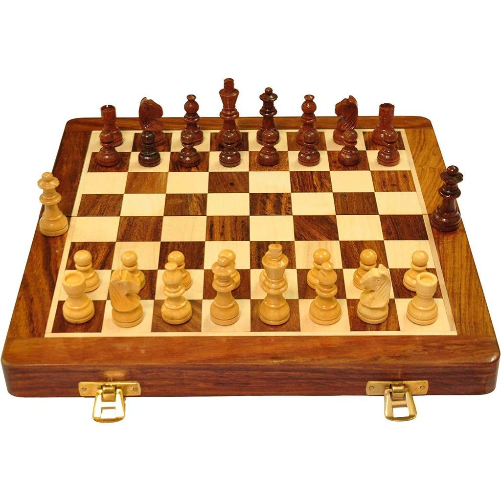 Wooden Handcrafted Foldable Magnetic Chess Board Set with Magnetic Piece and Extra Queens for 2 Players Kids and Adults (10x10 Inches, Brown).