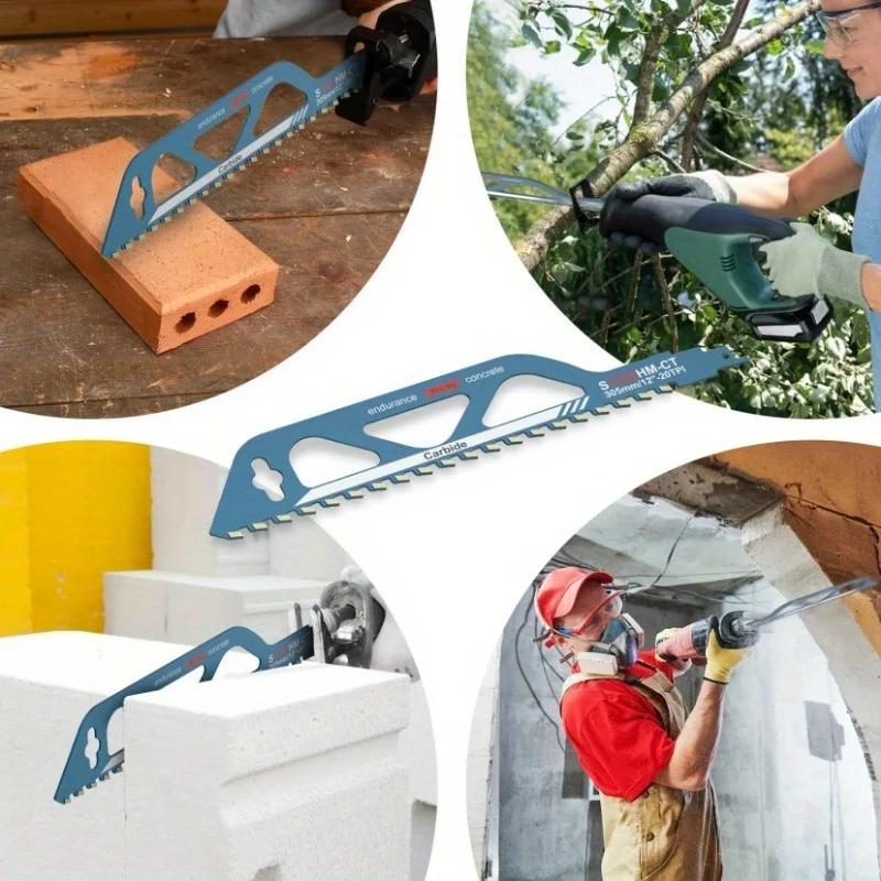 1 шт. 12 дюймов Полотно сабельной пилы для демонтажа кладки - Полотно из твердого сплава для резки кирпича, дерева, металла, ПВХ-труб, пористого бетона