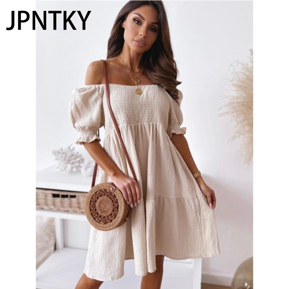 JPNTKY Сексуальное платье с разрезом на шее Женское Летнее Плиссированное с пышными рукавами и открытой спиной Платье для вечеринки Пляжное Платье Женское Элегантное Однотонное Платье до колен