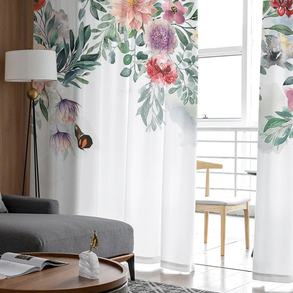 Watercolor Leaves Plants Flowers Butterflies Tulle Voile Curtains for Bedroom Living Room Window Curtain Sheer Organza Drapes