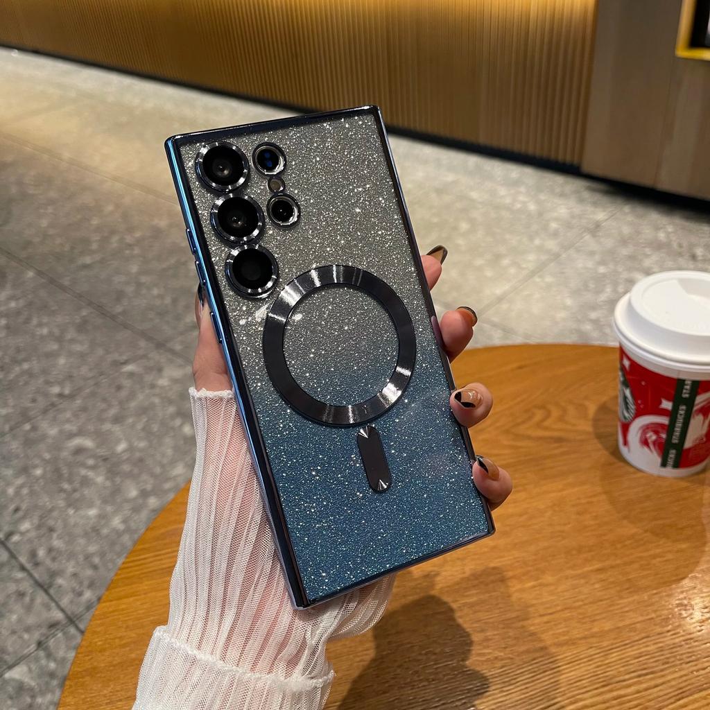 Роскошный блестящий чехол с беспроводной зарядкой для Samsung Galaxy S24 S23 S22 S21 Ultra Plus, магнитный чехол MagSafe Allround, чехол для камеры, чехол