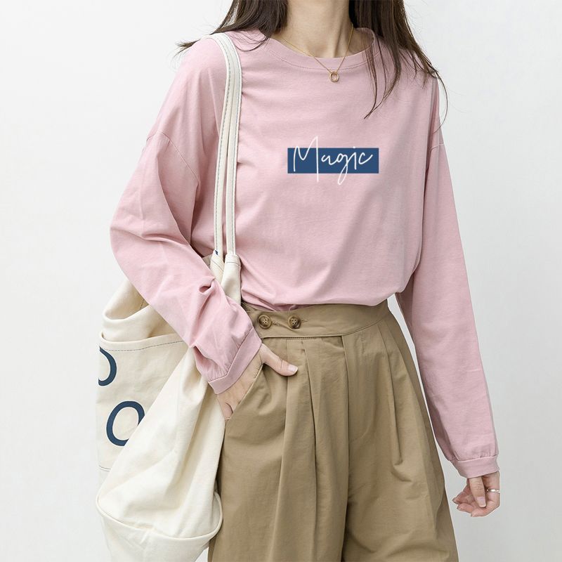 Осенняя новая футболка с длинным рукавом женская свободная с принтом букв круглым вырезом базовая