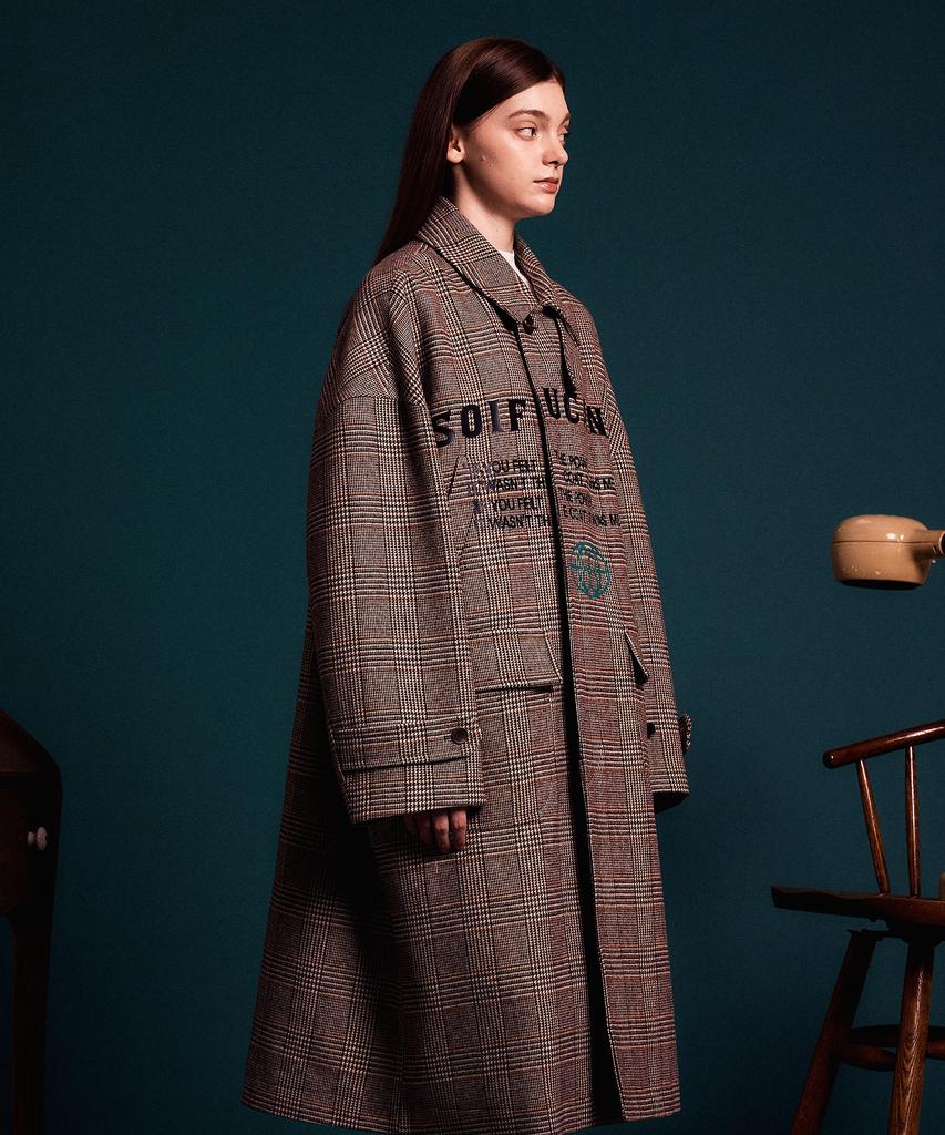 Soifucan Plaid Loose Fit Long Duffle Coat