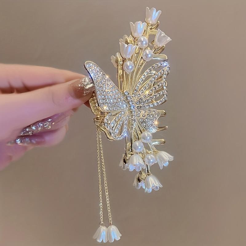 1Pc Cool Flower Butterfly Rhinestone Artificial Pearl Tassel Hairpin, Fairy Hair Accessories, Ideal for Gifts