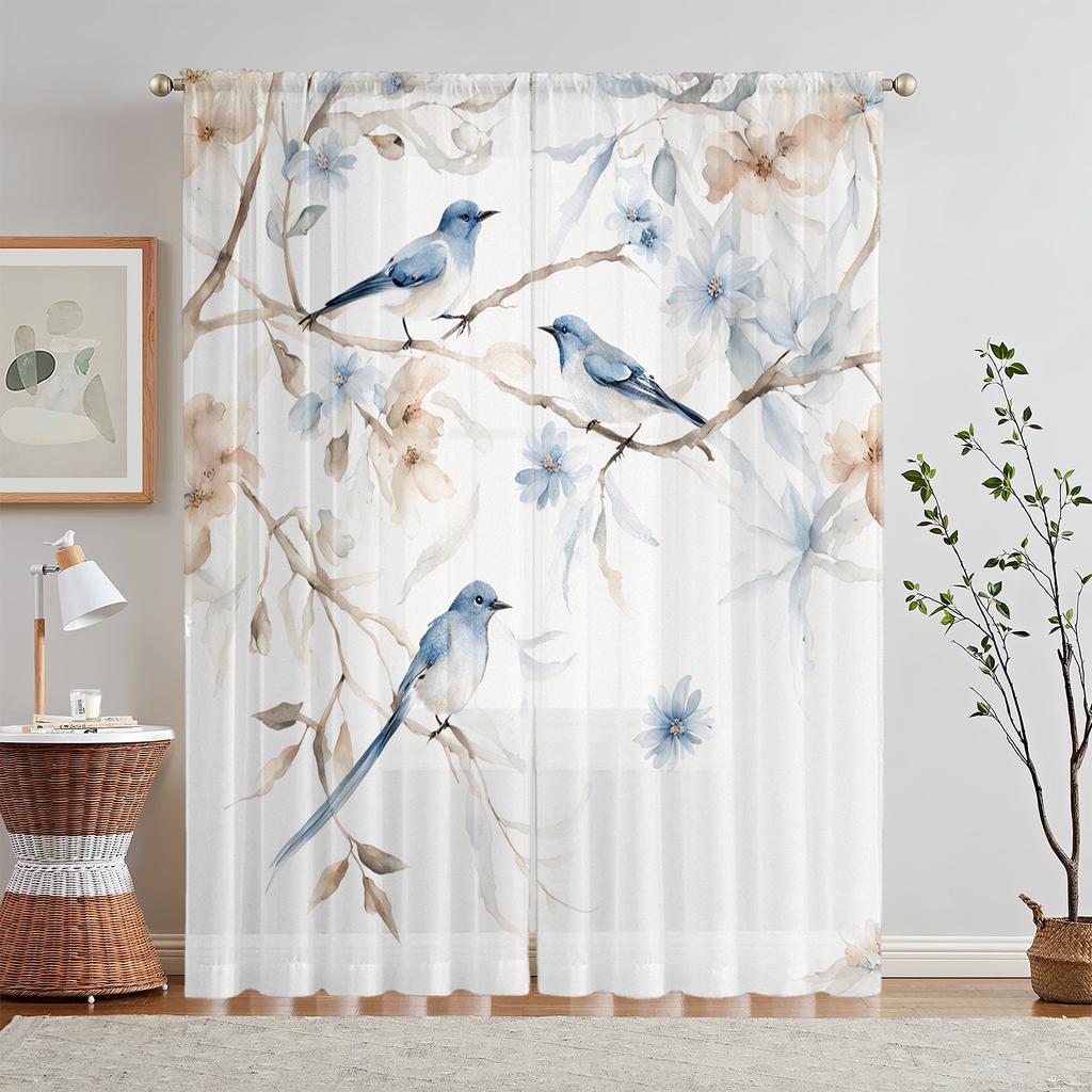 2Pc Gorgeous Blue Floral Print Curtains, Polyester Fabric, Machine Washable, Suitable For Living Rooms And Bedrooms