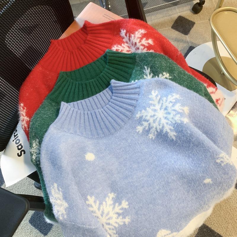 Winter New Cute Print Loose Christmas Pullovers Sweater Women Tops O Neck Long Sleeve Vintage Knitted Sweater Woman Casual Fashion Lady Jumpers 25513