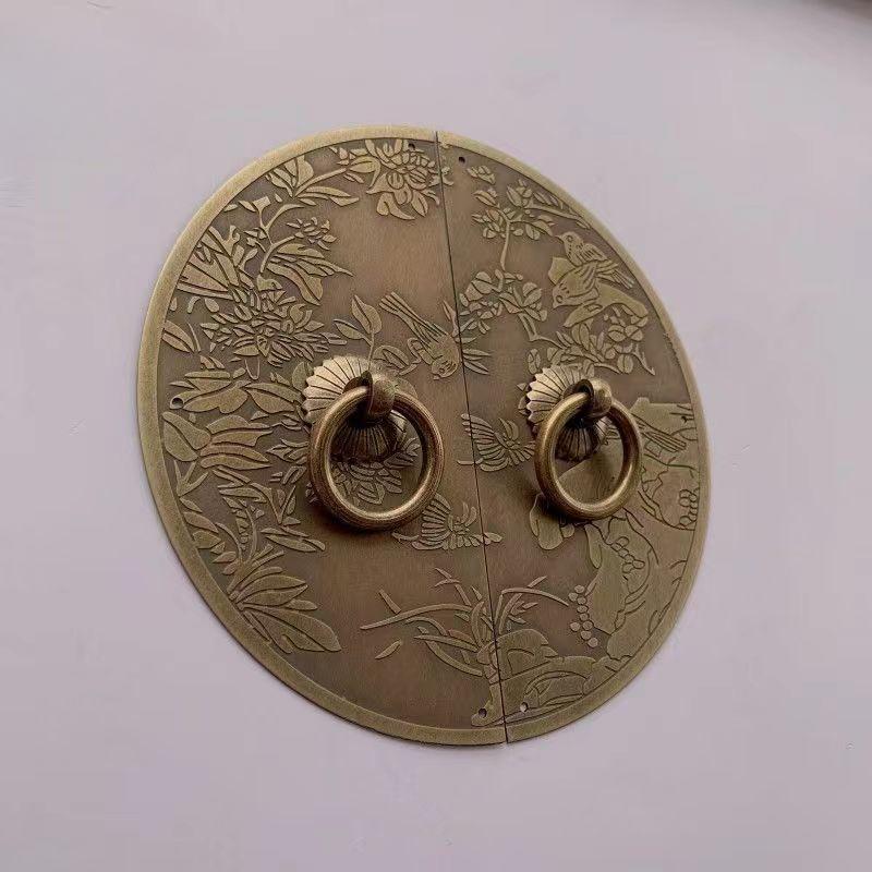 Chinese Antique Copper Cabinet Handle Shoees Wardrobe Door Brass Retro Furniture Knob Engraved Round Handles Door Decoration