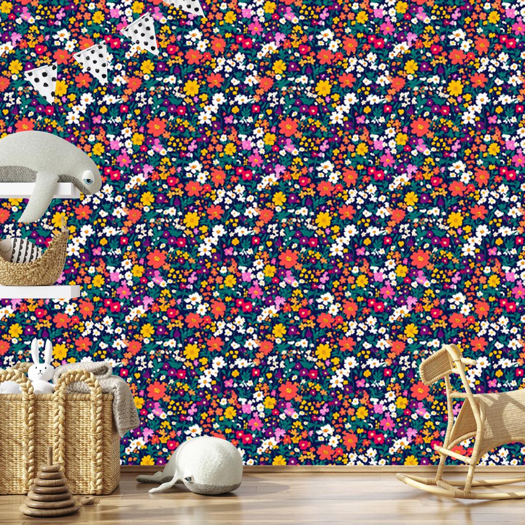 Wallpaper Small Flowers Navy Blue and Turquoise for Living Room and Bedroom 50x1000