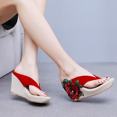 9 см бохо-богемные водонепроницаемые босоножки на толстой подошве с каблуком пляжные тапочки вышитые цветочные бисквитные босоножки