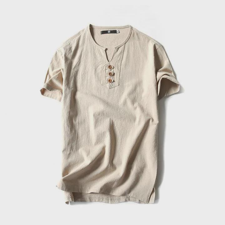 Men's Solid Color V-Neck Cotton Linen Short Sleeve T-Shirt with Buttons