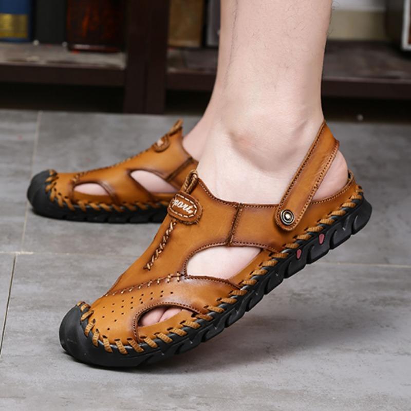 Летние мужские кожаные пляжные сандалии большого размера Мужские сандалии с закрытым носком