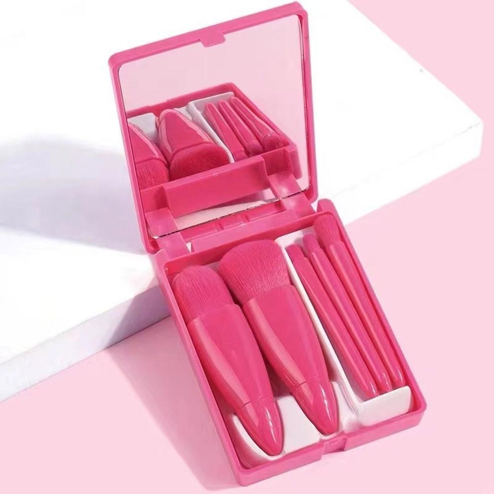 Portable Makeup Brush Set Multifunctional Set Mirror Soft Hair Loose Powder Brush Blush Foundation Shadow Brushes 5pcs, Fluorescent Red