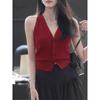 Chic Design Red Sling Vest Women's Summer V-neck Slim-fitting Short Neck-hanging Knitted Outer Sleeveless Top