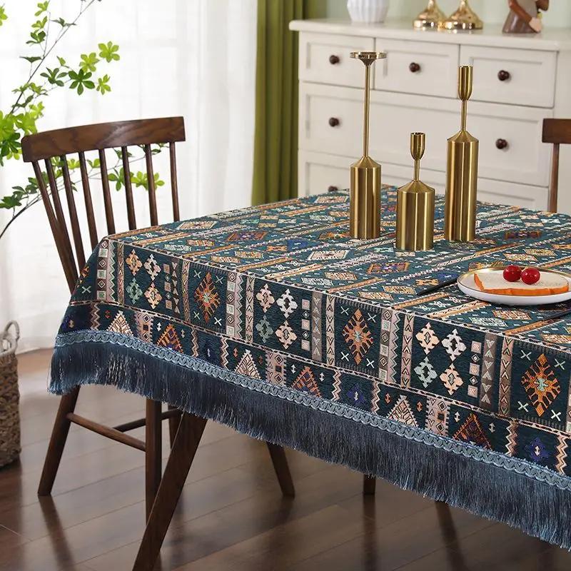 Geometric Patterns Chenille Tablecloth Tassel Edge Embroidered Dining Table Cover  Rectangular Thick Wear-resistant Table Cloth