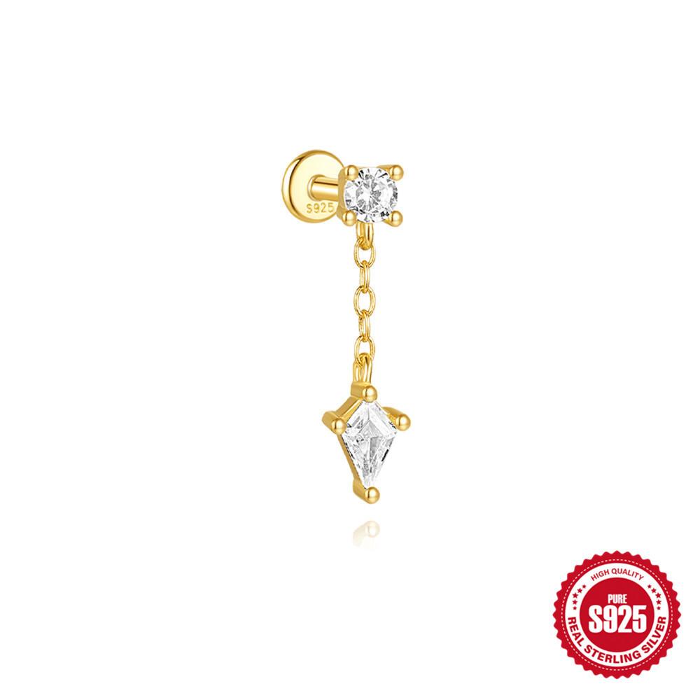 Стильный и простой Ins S925 стерлингового серебра Кайт камень с бриллиантами Плоская головка Внутренняя резьба Прокол Козелок серьга-пусет женская