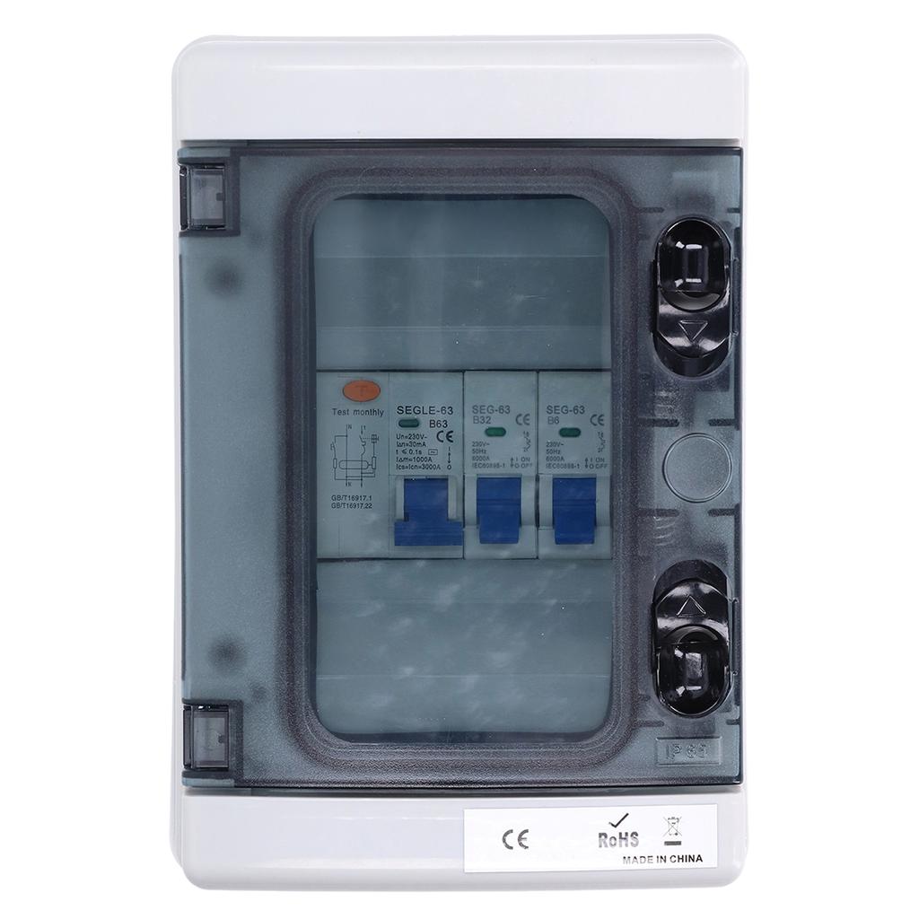 Распределительная коробка 2-полюсная 230 В Стандарт ЕС Водонепроницаемая 2 АВТОМАТИЧЕСКИХ ВЫКЛЮЧАТЕЛЯ (Б6А+Б32А) RCD (63А 1P+N) B-брейкер