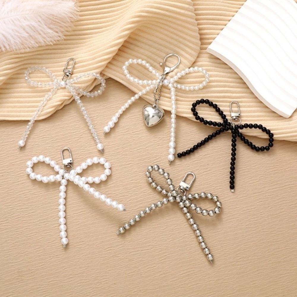 3D Pearl Bow Pendant Hanging Ornament Cellphone Lanyard Keyring Pearl Bowknot Keychain Women Girls