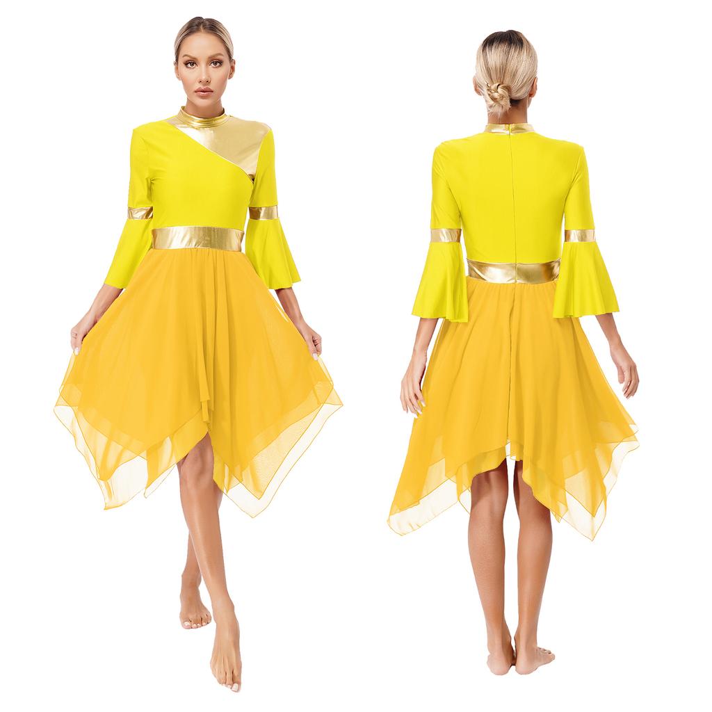 Женщины Девочки Расклешенный рукав 3/4 Металлическая танцевальная одежда для церковного богослужения Литургическая танцевальная одежда Туника Асимметричный подол Лирическое танцевальное платье Накладка