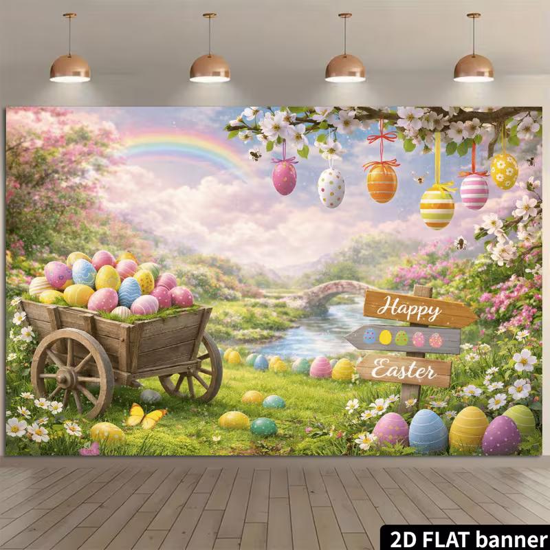 2D Spring Easter Wagon and Flowers Background Cloth Photo Booth Prop