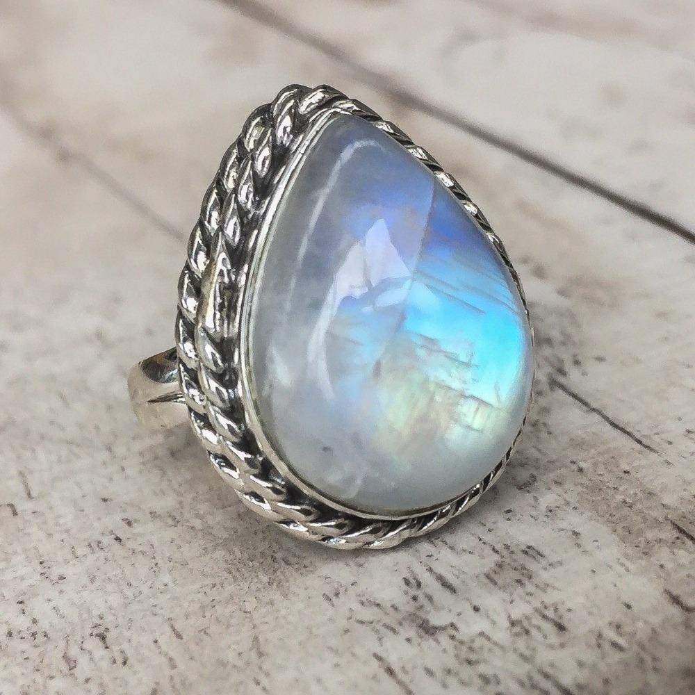 Large Pear Moonstone Punk Rings for Women Exaggerated Gothic Style Statement Jewelry