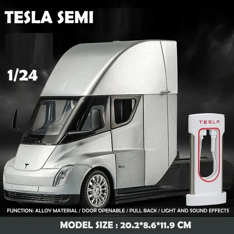 1/24 Scale Tesla Semi Truck Trailer Metal Alloy Diecast Truck Trailer Model Sound & Light Collection Car Model Toy Gift with Boys C325