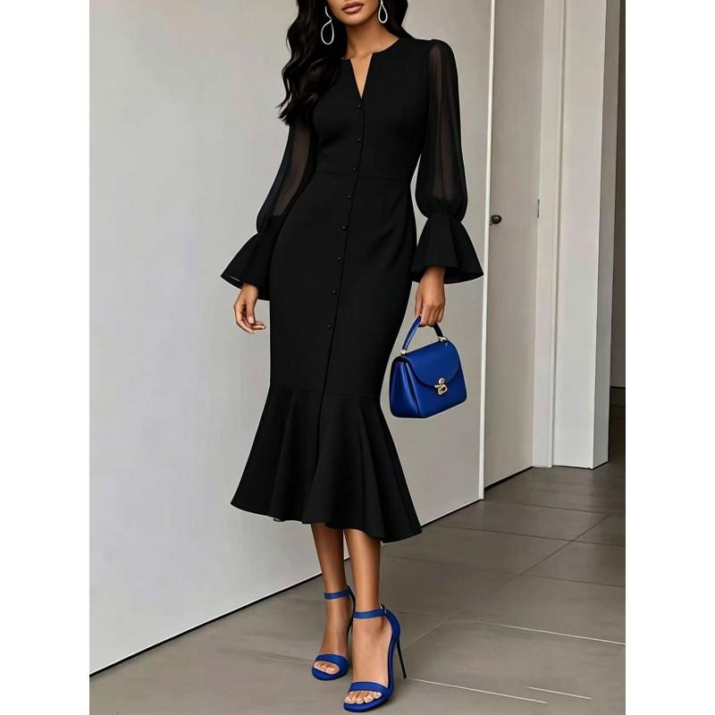 V-Neck Chiffon Patchwork Bubble Sleeve Mermaid Midi Dress Women Elegant Office Wear
