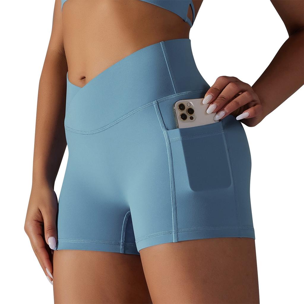 Women's Summer Cross V Waist Pocket Fitness Yoga Shorts Exercise Three Pants
