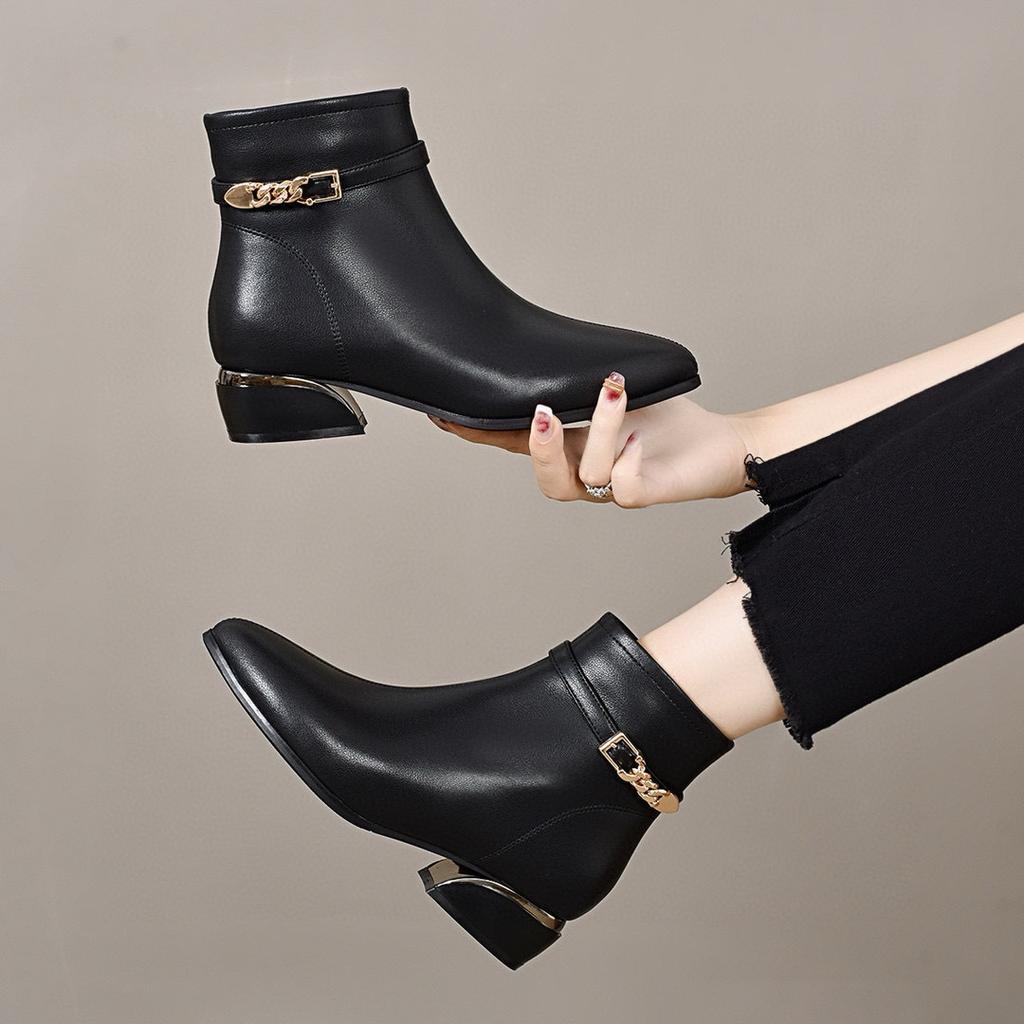 Остроносые короткие ботинки женские осенне-зимние с металлической пряжкой на низком каблуке хлопковые ботинки простые темпераментные модные ботинки женские ботинки на плоской подошве