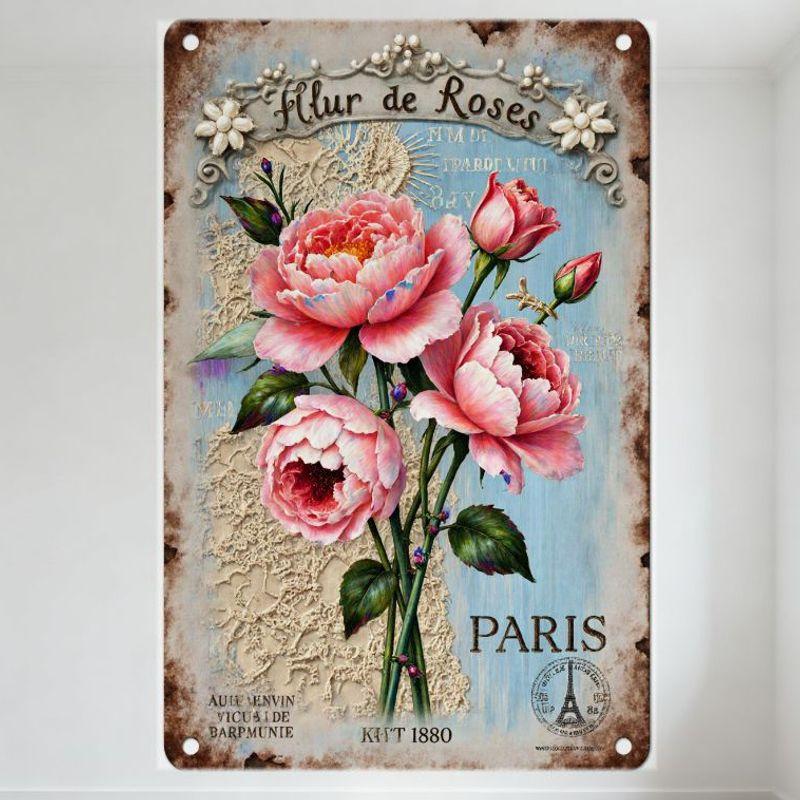 Винтажная металлическая жестяная табличка Fleur de Roses Париж Эйфелева башня Букет пионов Декор AUTEUR VINTAGE KUTT 1880 Домашний бар Кафе Настенная табличка