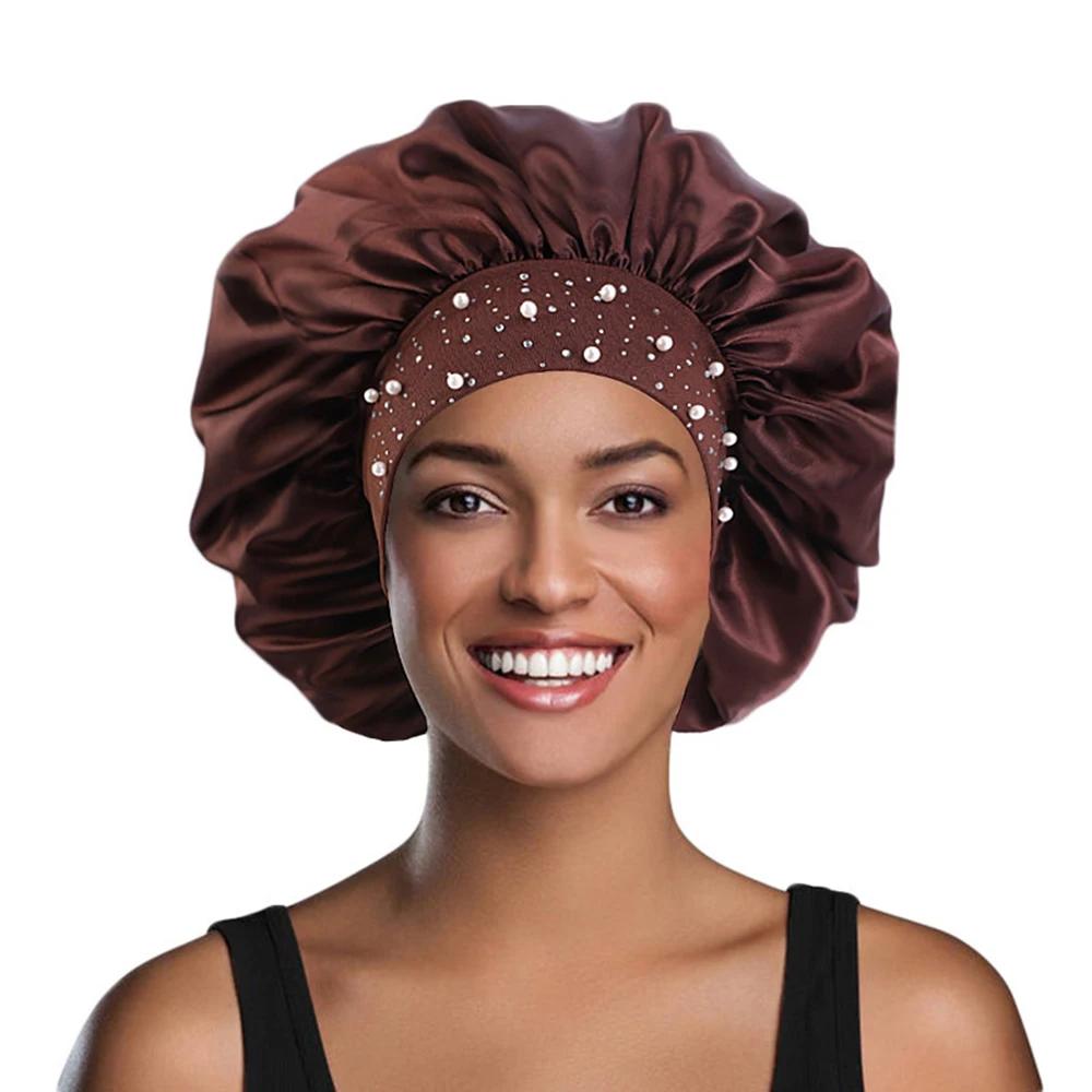 Satin Sleep Cap Rhinestone Bonnet Women Hat Night Hair Care Salon Shower Headband