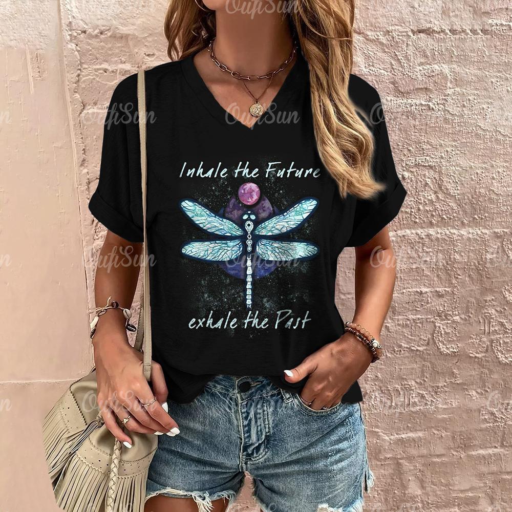 Women's T Shirt Fashion Butterfly Pattern Print Summer Short Sleeve Oversized Clothing Street Casual V Neck Female T-Shirt
