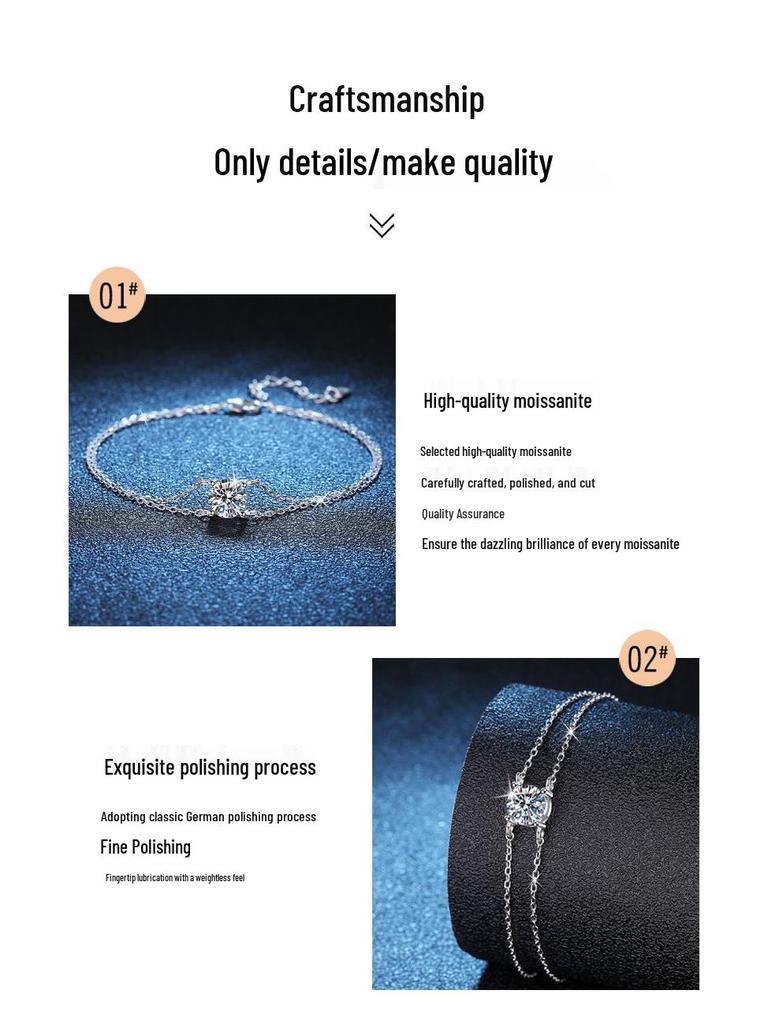 Женский двухслойный браслет из моссанита класса люкс из стерлингового серебра S925 с моссанитом 1 карат в оправе с четырьмя крапанами.