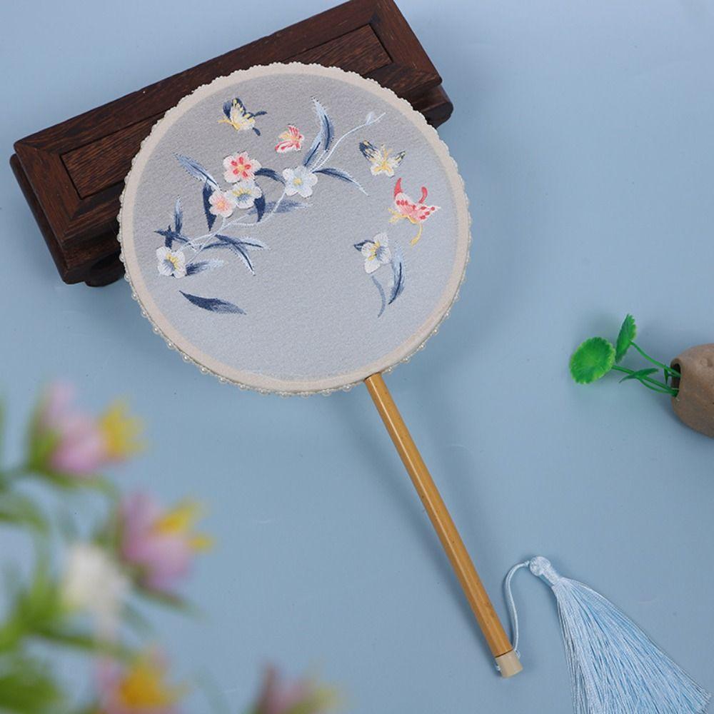 Классический круглый веер в китайском стиле, винтажный вышитый шелковый веер, двусторонний с кисточкой, ручной веер для женщин