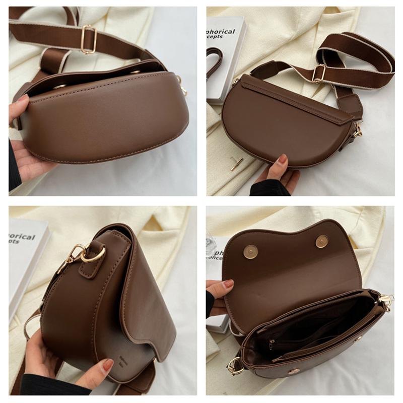 Women Vintage Solid Color Flap Small Saddle Shoulder Underarm Bag Fashion PU Leather Wide Strap Crossbody Bag