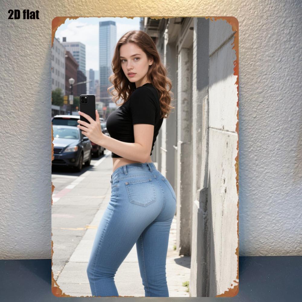 2d 1pc FUNLANA 8x12in Metal Tin Sign, 2D Wall Art with Woman Street Selfie for Kitchen Decor