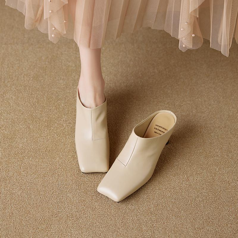 Мода 2025 Женская обувь Новые летние ретро квадратный носок натуральная кожа овчина баотоу высокий каблук большие мюли полушлепанцы каблуки женские