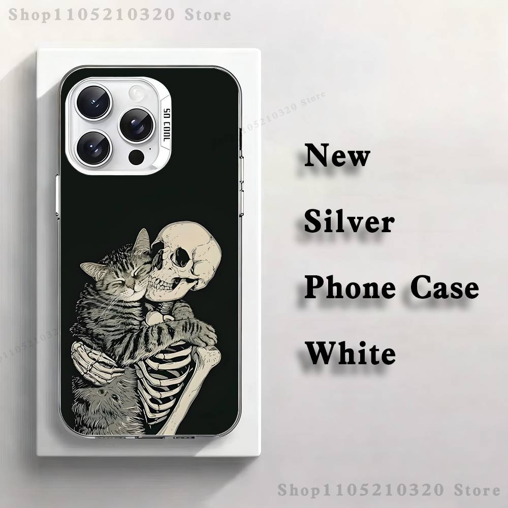 Skeleton Cat Painted Phone Case For iPhone 17,16,15,14,13,12,11,Pro,XS,Max,Plus,Mini,SE4,E white Matte Shockproof Cover