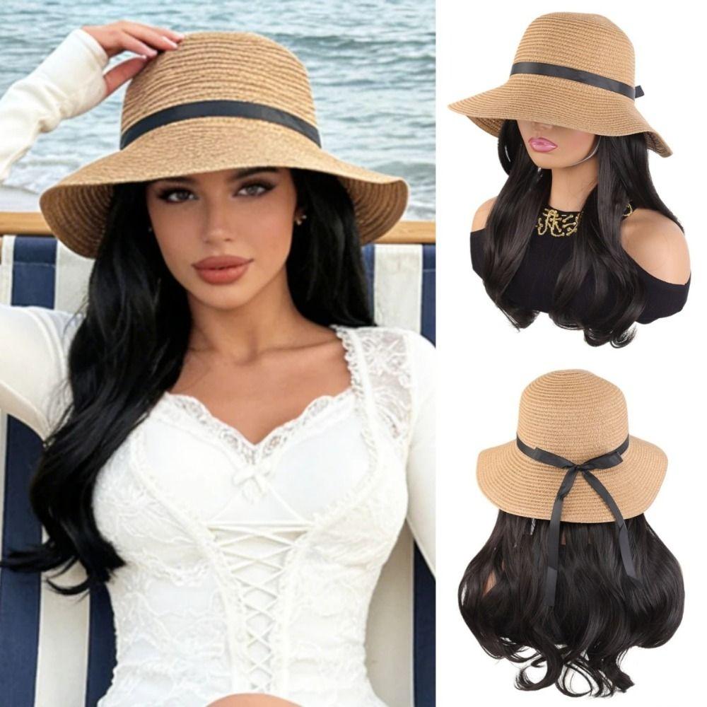 Wide Brim Fisherman Hat with Built-in Wig Sun Protection Long Wavy Curly Hair Vacation Accessory
