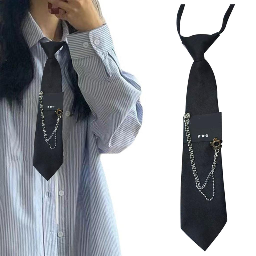 Fashionable Necktie Knotfree Tie with Chain Pendant Popular and Cool Shirt Tie for Adult and Teens Uniform Tie for Party