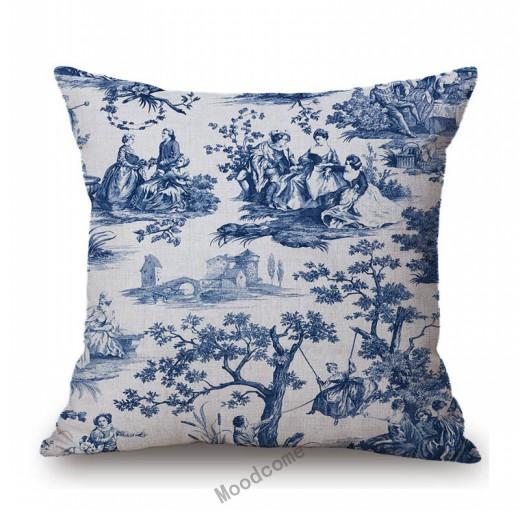Navy Blue Delft Blue Toile De Jouy Pattern Design Royal Elegant Home Decorative Sofa Throw Pillowcase Cotton Linen Cushion Cover