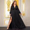 Plus Size Women's Deep V-Neck Lantern Sleeve Evening Gown with Slit - FMGN1043
