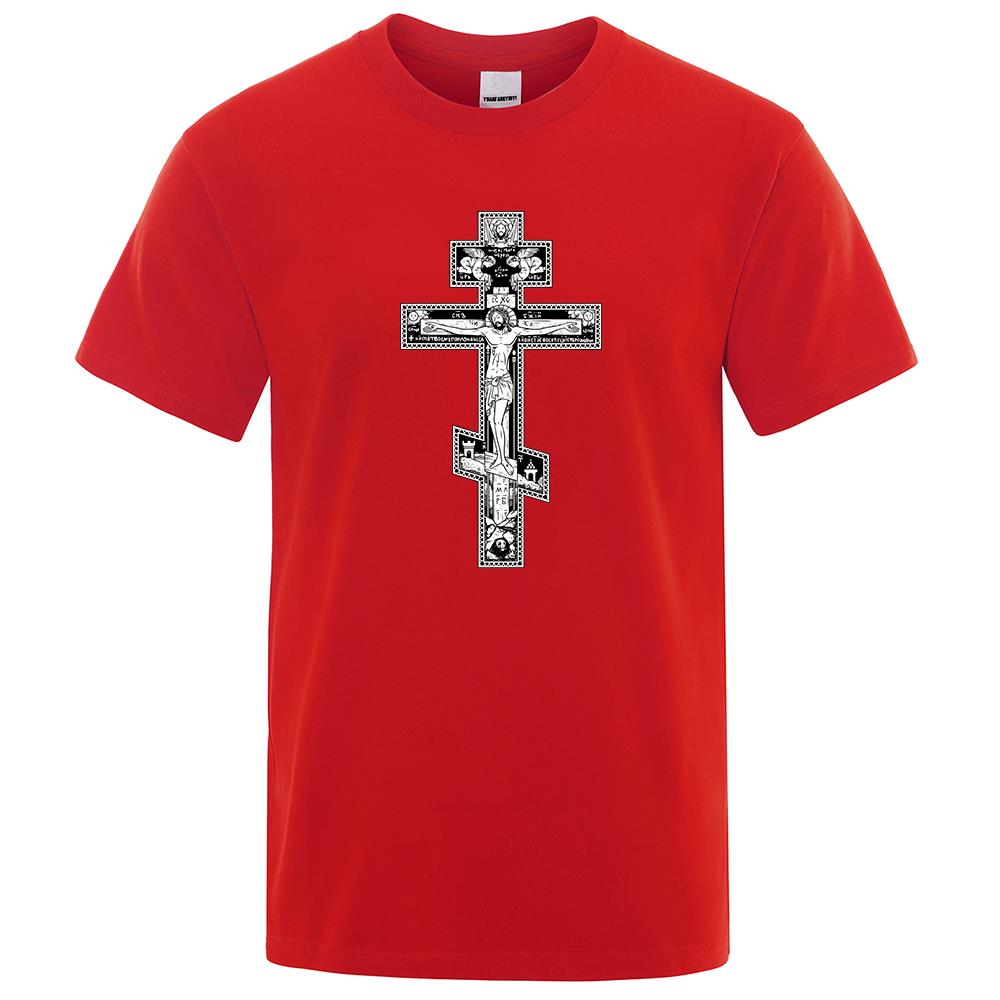 Gothic Dark Style Orthodox Cross Jesus Little Angel Male Clothing Fashion Cotton Loose Tshirt Pattern Summer Clothes